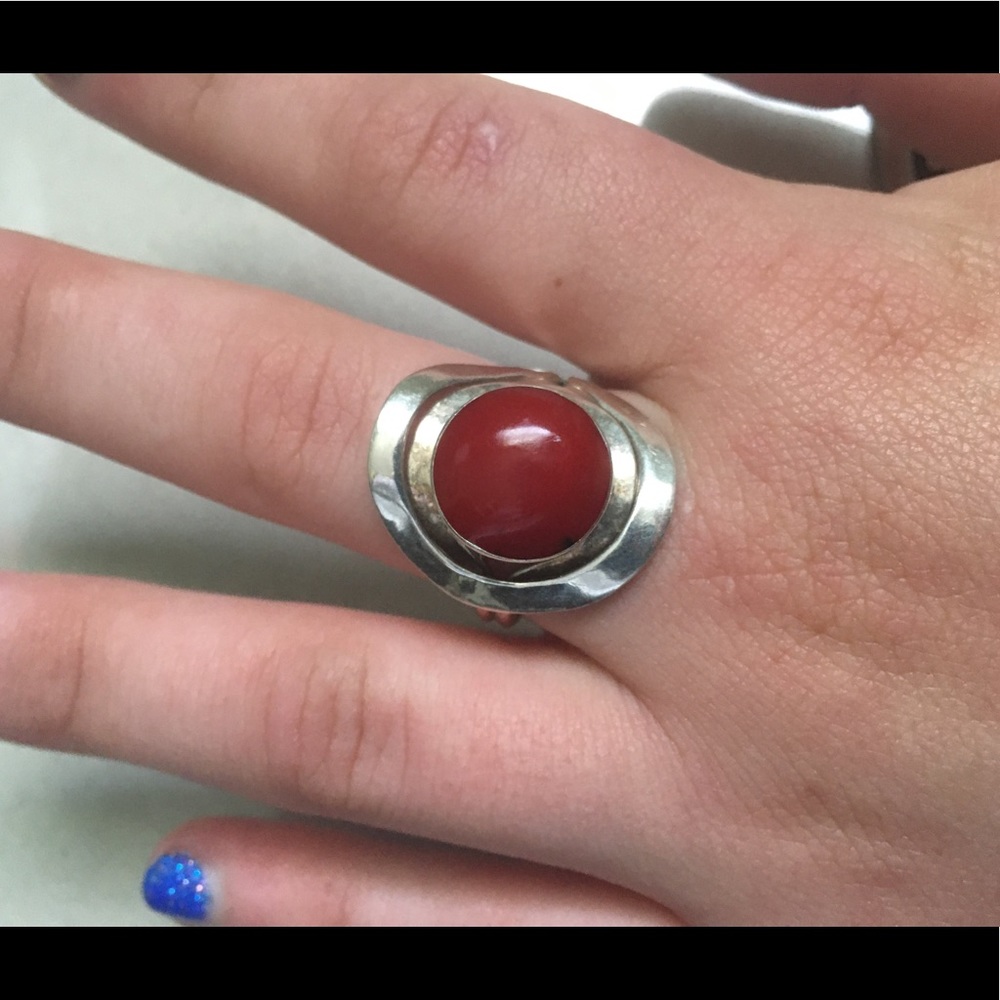 Genuine Sterling Silver and Coral Ring